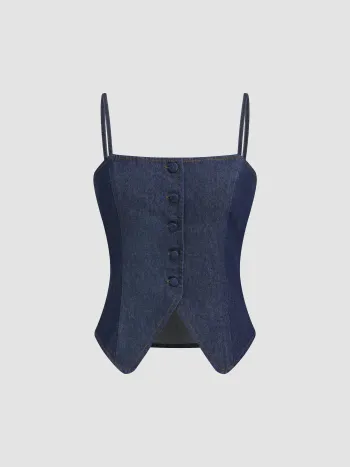 Top Cami in Denim con Scollo Squadrato, Bottoni e Spacco