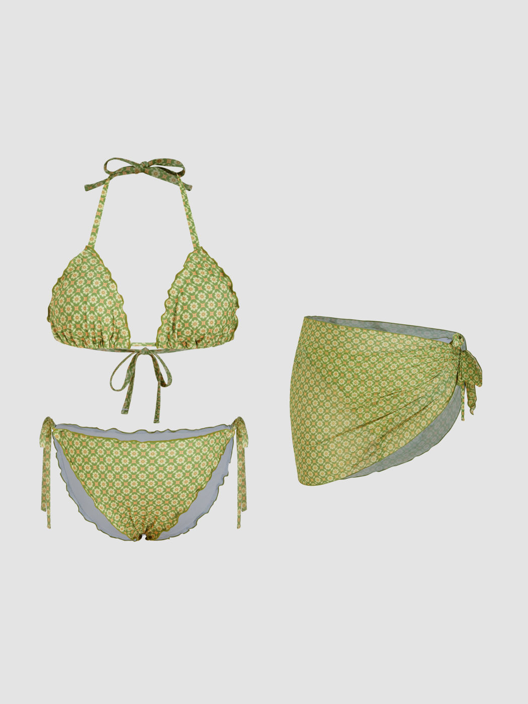V-neck Floral Lettuce Trim Halter Tie Side Bikini Set With Sarong Curve & Plus