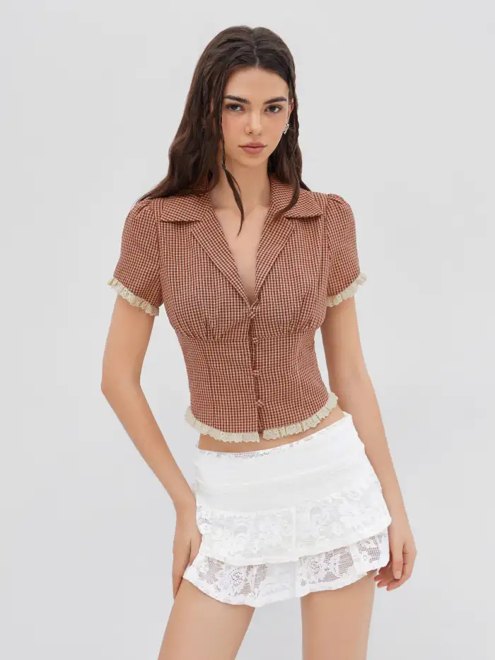 Mandarin Collar Ruched Split Top