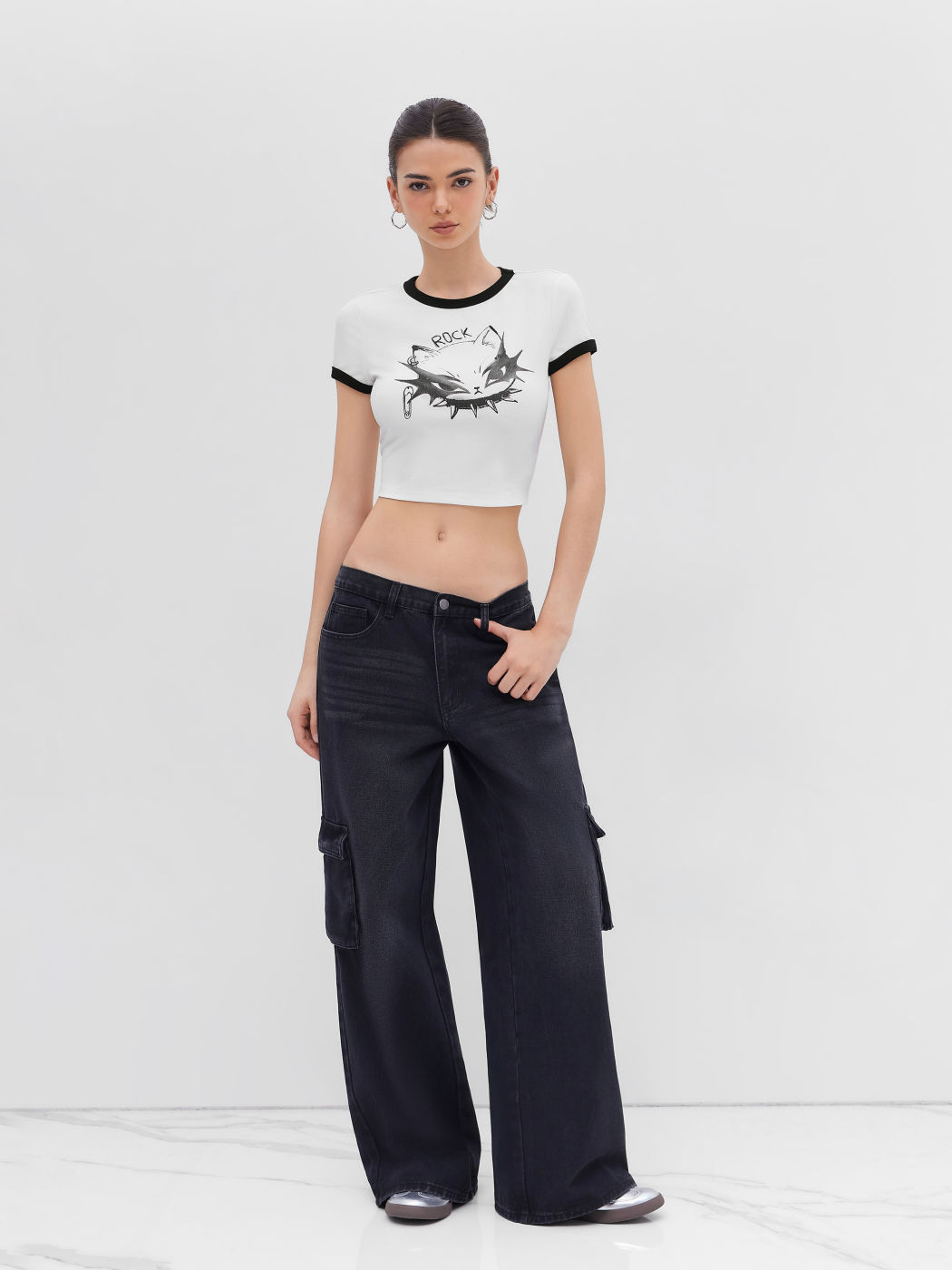 Rock-Cat-Grafik-Baumwollmischung-Kontur-Crop-T-Shirt