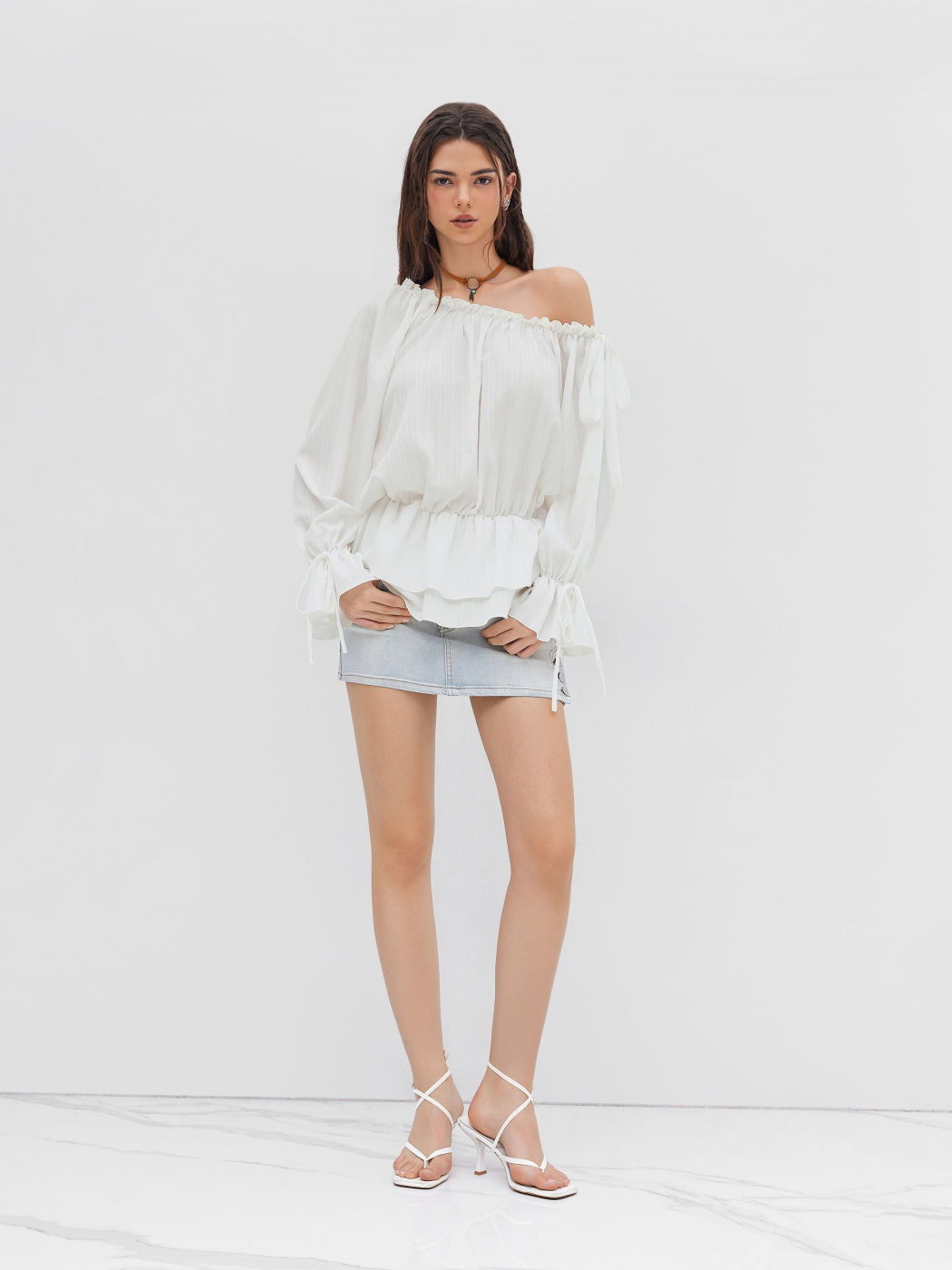 Asymmetrical Neck Lantern Sleeve Knotted Blouse