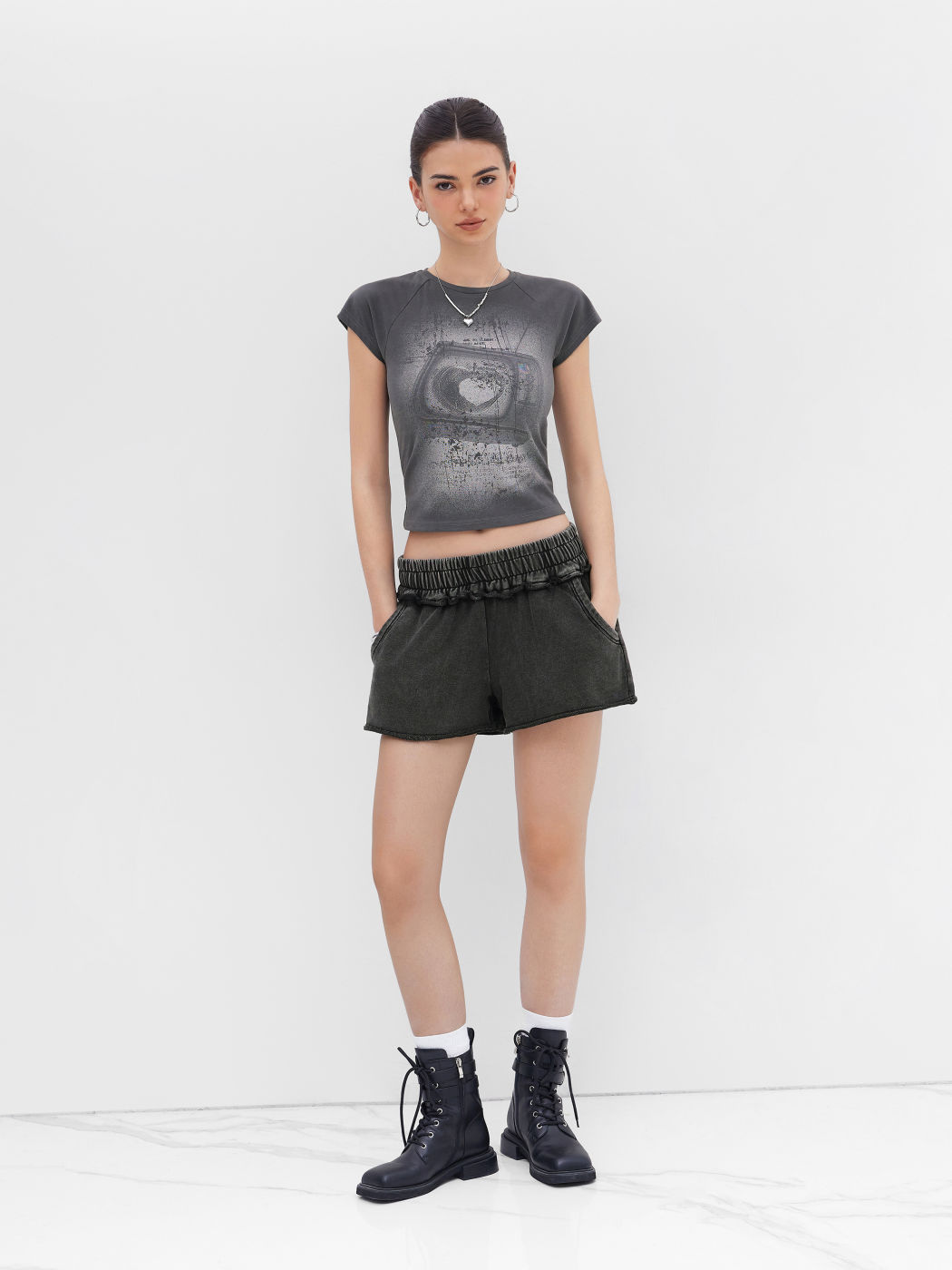 Shorts micro a vita media elasticizzata in cotone al 100% 