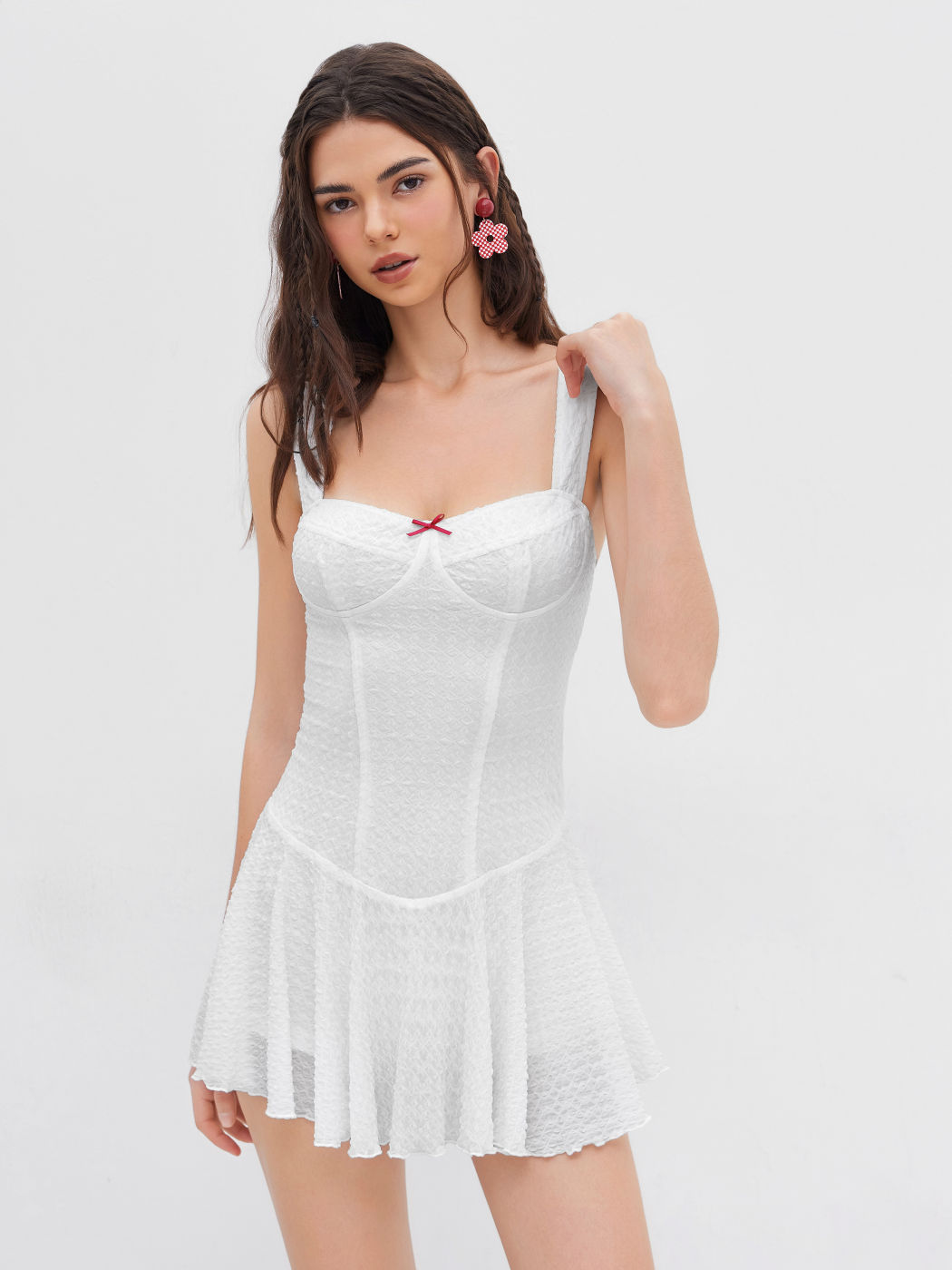 Sweetheart Texture Bowknot Ruffle Lettuce Trim Mini Dress