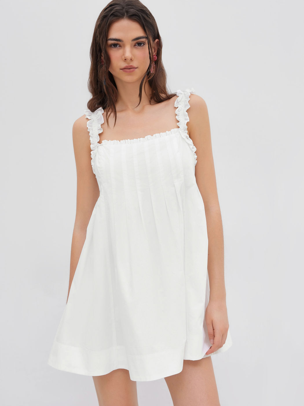 Cotton Lettuce Trim Pleated Smock Mini Dress