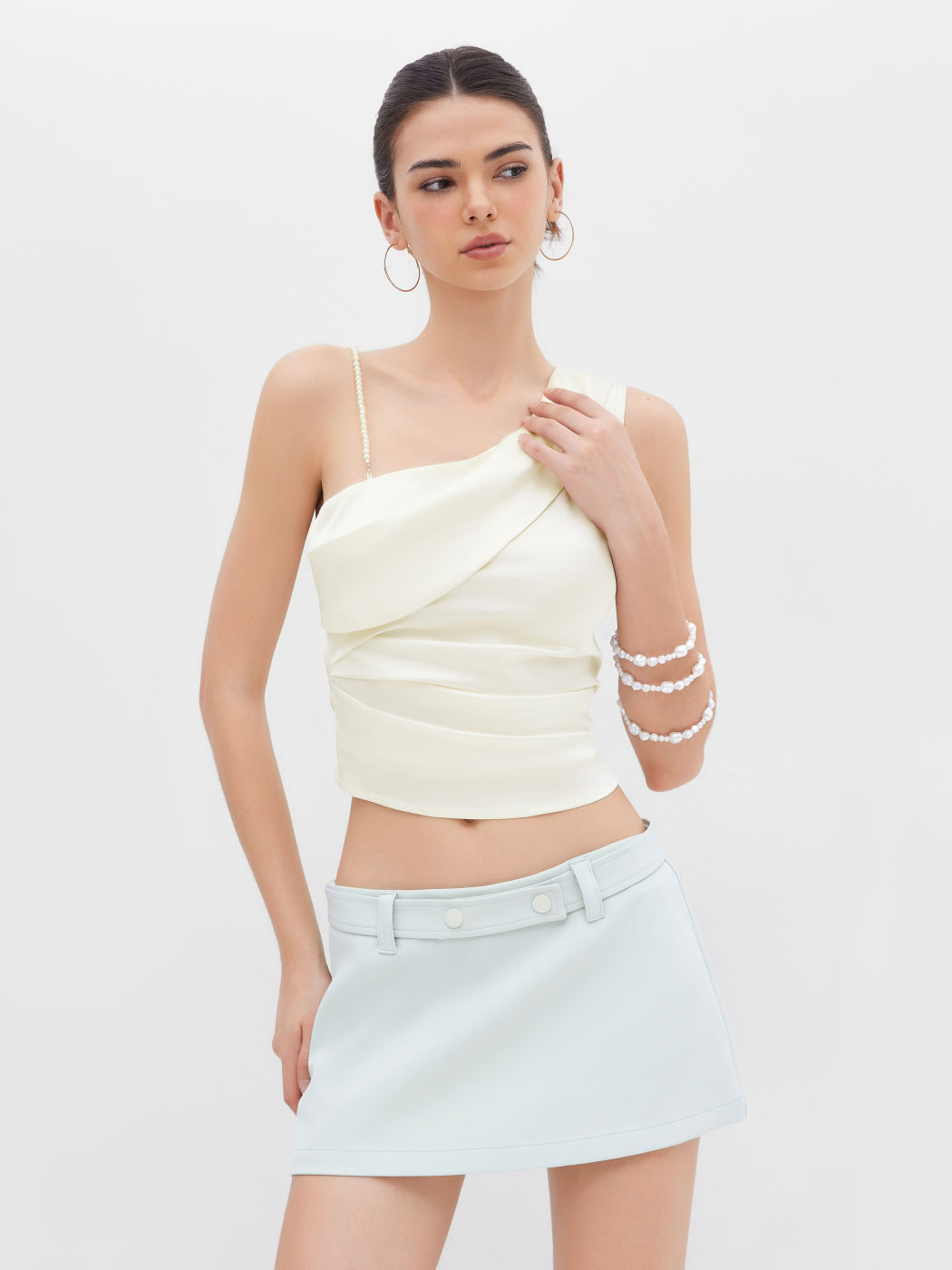 Satin Asymmetrical Neck Ruched Pearl Tank Top
