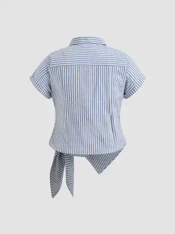 Chemise en coton mélangé, à col rayé et manches courtes nouées Curve & Plus