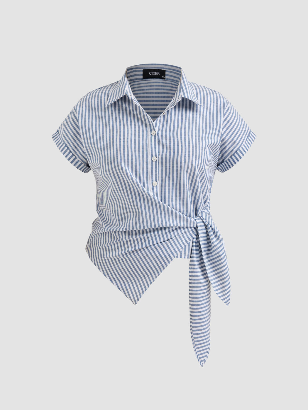 Cotton-blend Collar Stripe Knotted Short Sleeve Shirt Curve & Plus