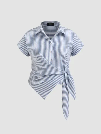 Chemise en coton mélangé, à col rayé et manches courtes nouées Curve & Plus