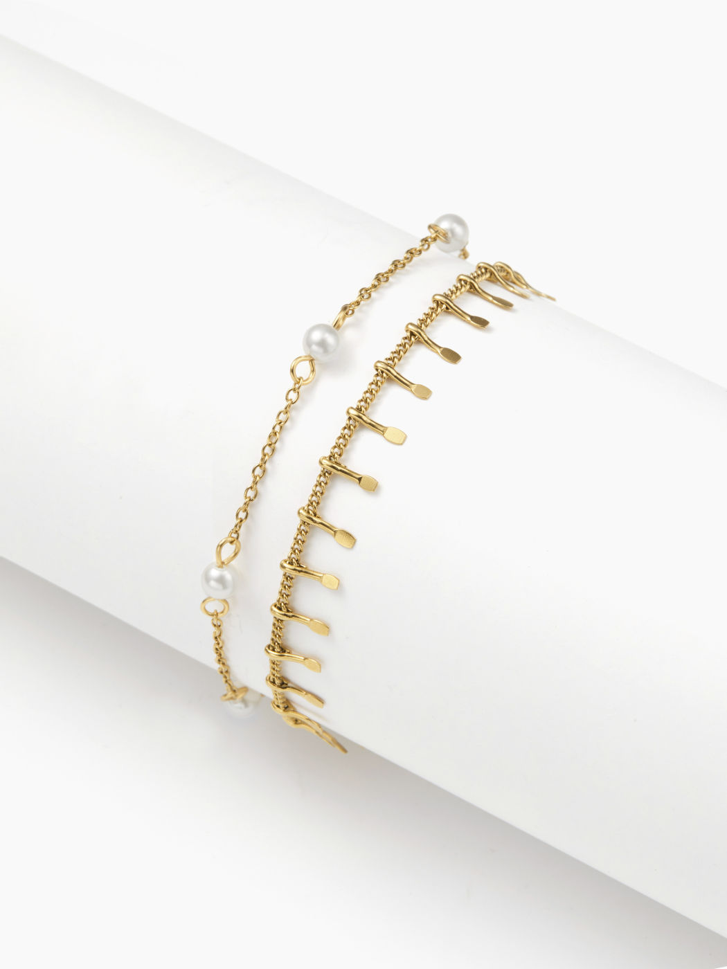 DOUBLE LAYERED NATURAL PEARL 18K GOLD PLATED STAINLESS STEEL ANKLET