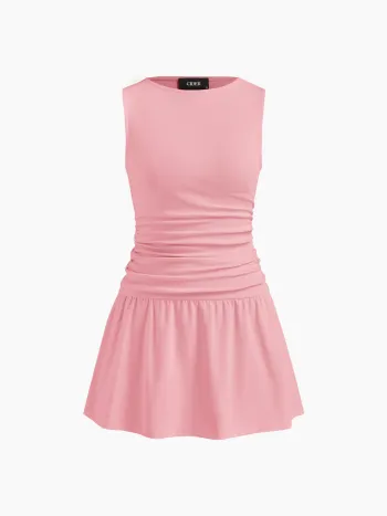 Mini-Cami-Kleid aus Baumwollmischung mit Rundhals, einfarbigem Stoff, Rüschen und Wellenrand