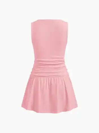 Mini-Cami-Kleid aus Baumwollmischung mit Rundhals, einfarbigem Stoff, Rüschen und Wellenrand