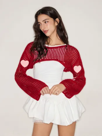 Knit Boat Neck Heart Hollow Out Oversized Cropped Shrug