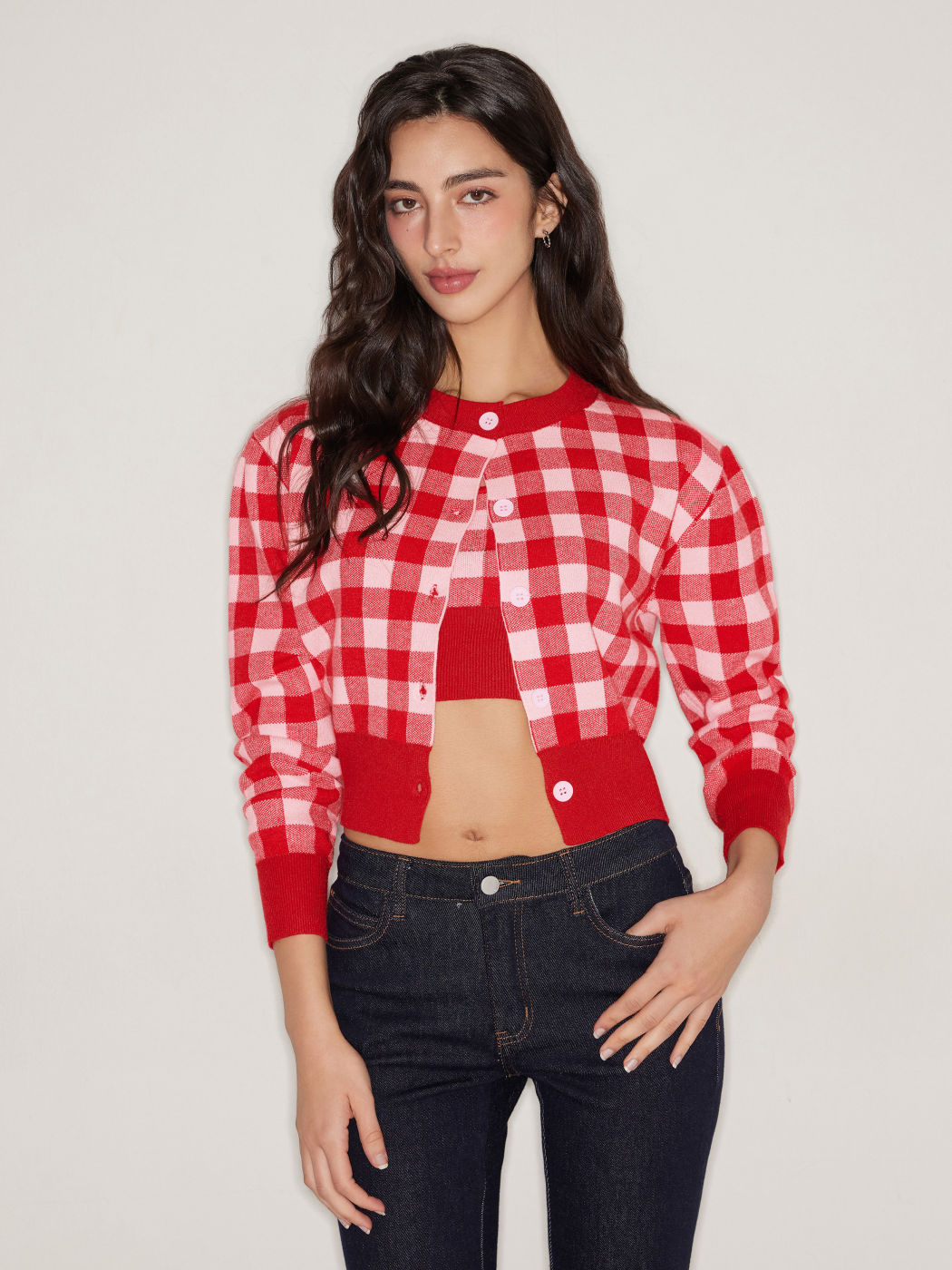 Knit Round Neck Check Cardigan & Cami Tank Top
