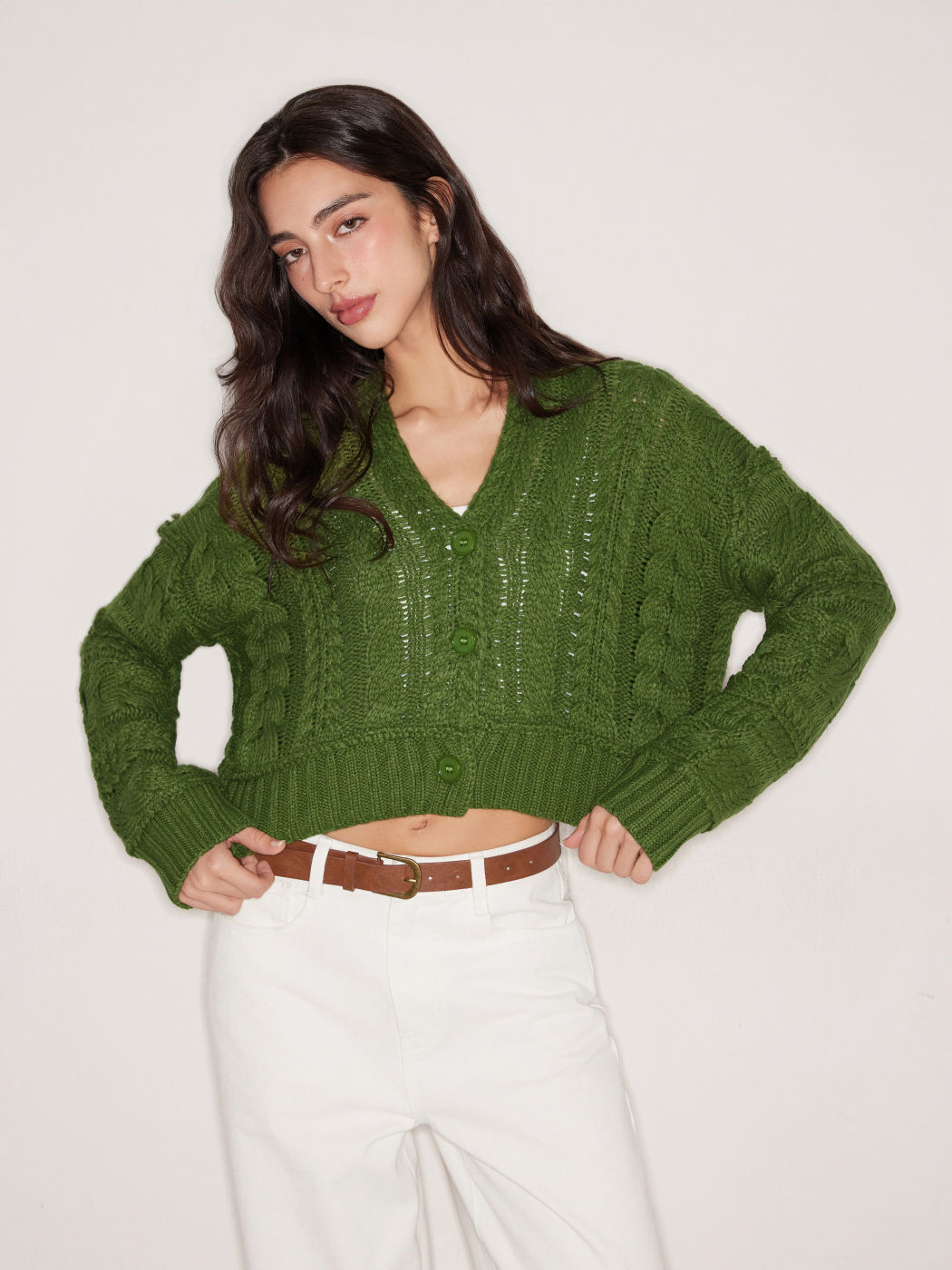 Cable Knit V-neck Solid Button Cardigan