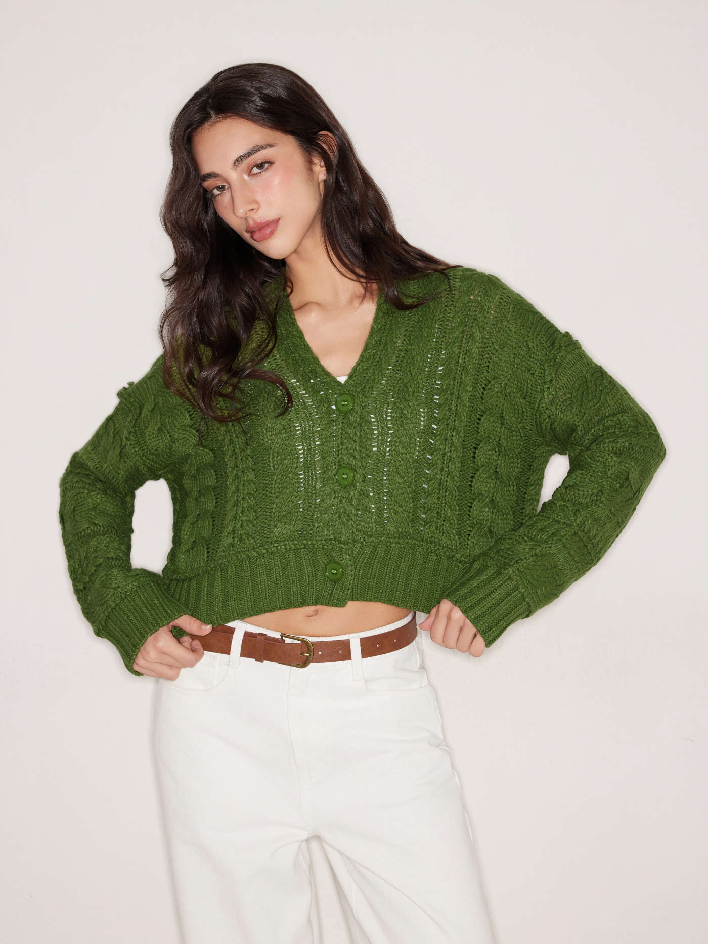 Cable Knit V-neck Solid Button Cardigan