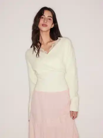 Knit V-neck Solid Lace Trim Wrap Long Sleeve Top
