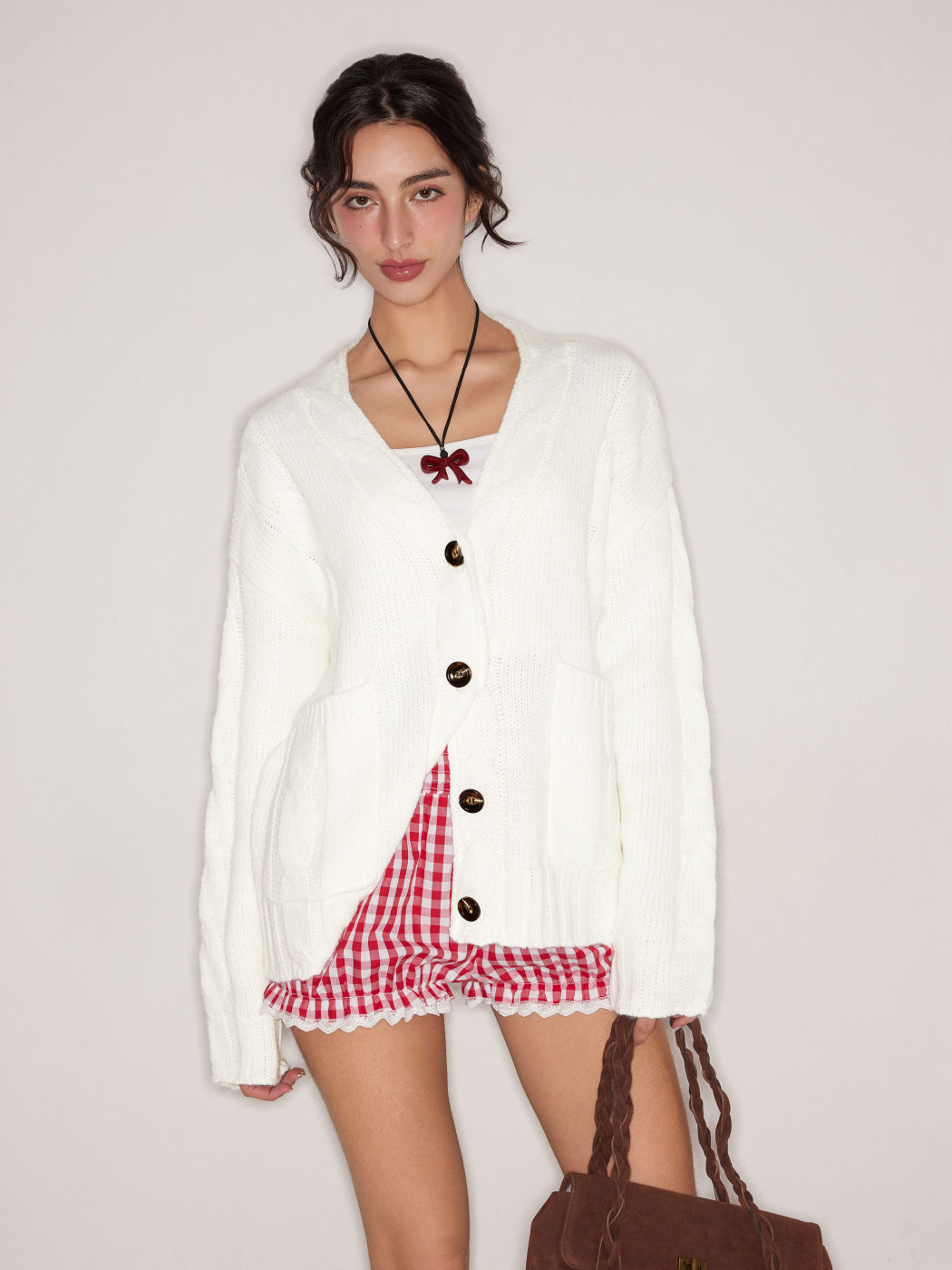 Cable Knit V-neck Solid Pocket Cardigan