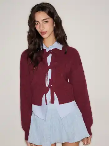 Knit Round Neck Solid Tie Front Bowknot Cardigan