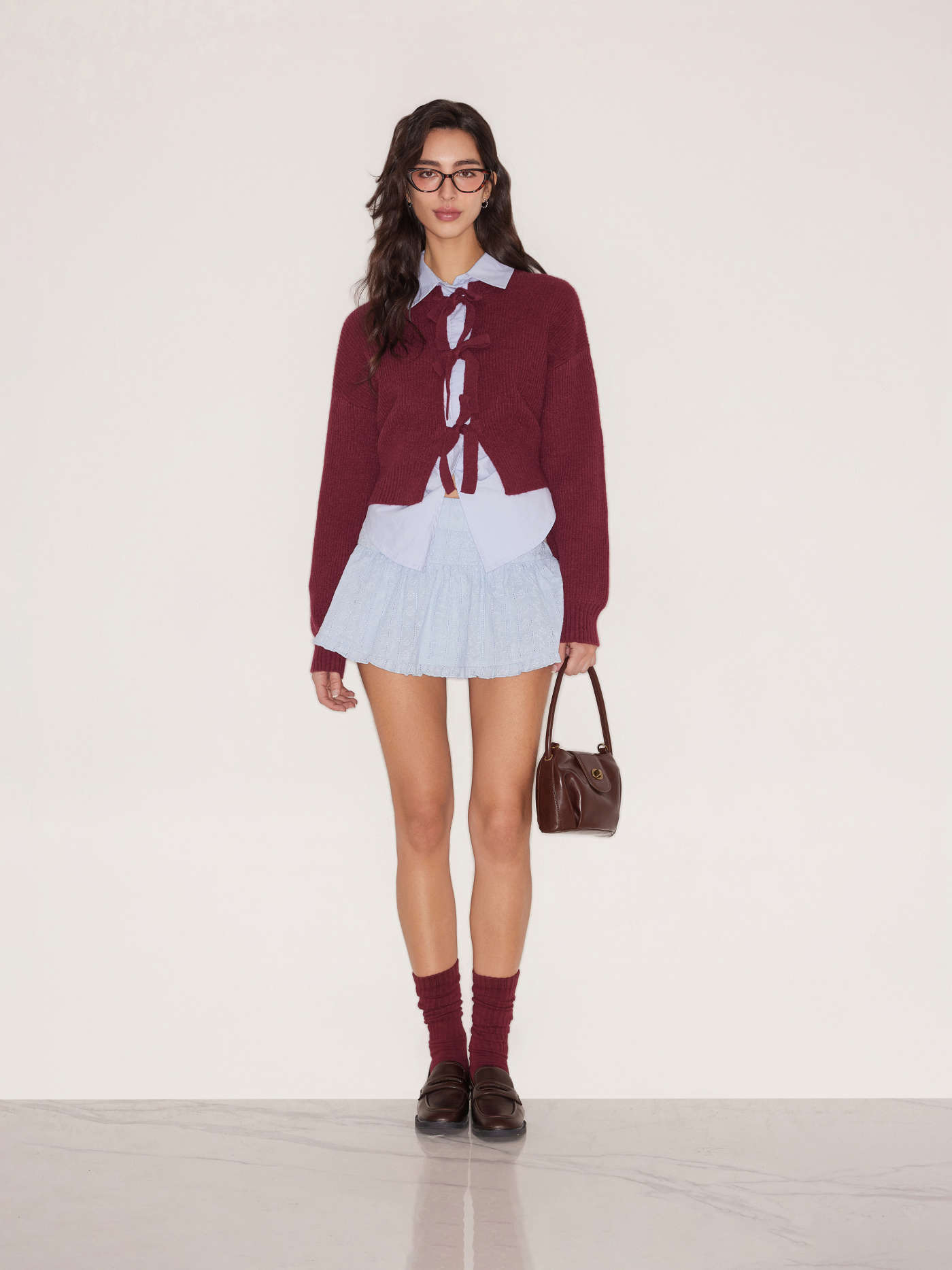 Preppy Knit Fabric Knit Round Neckline Solid Tie Front Cardigan For School