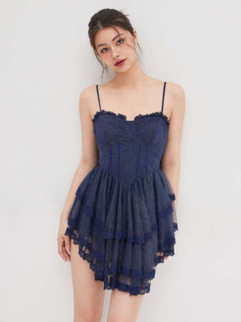 Chiffon Glitter Corset Lace Ruffle Layered Mini Dress