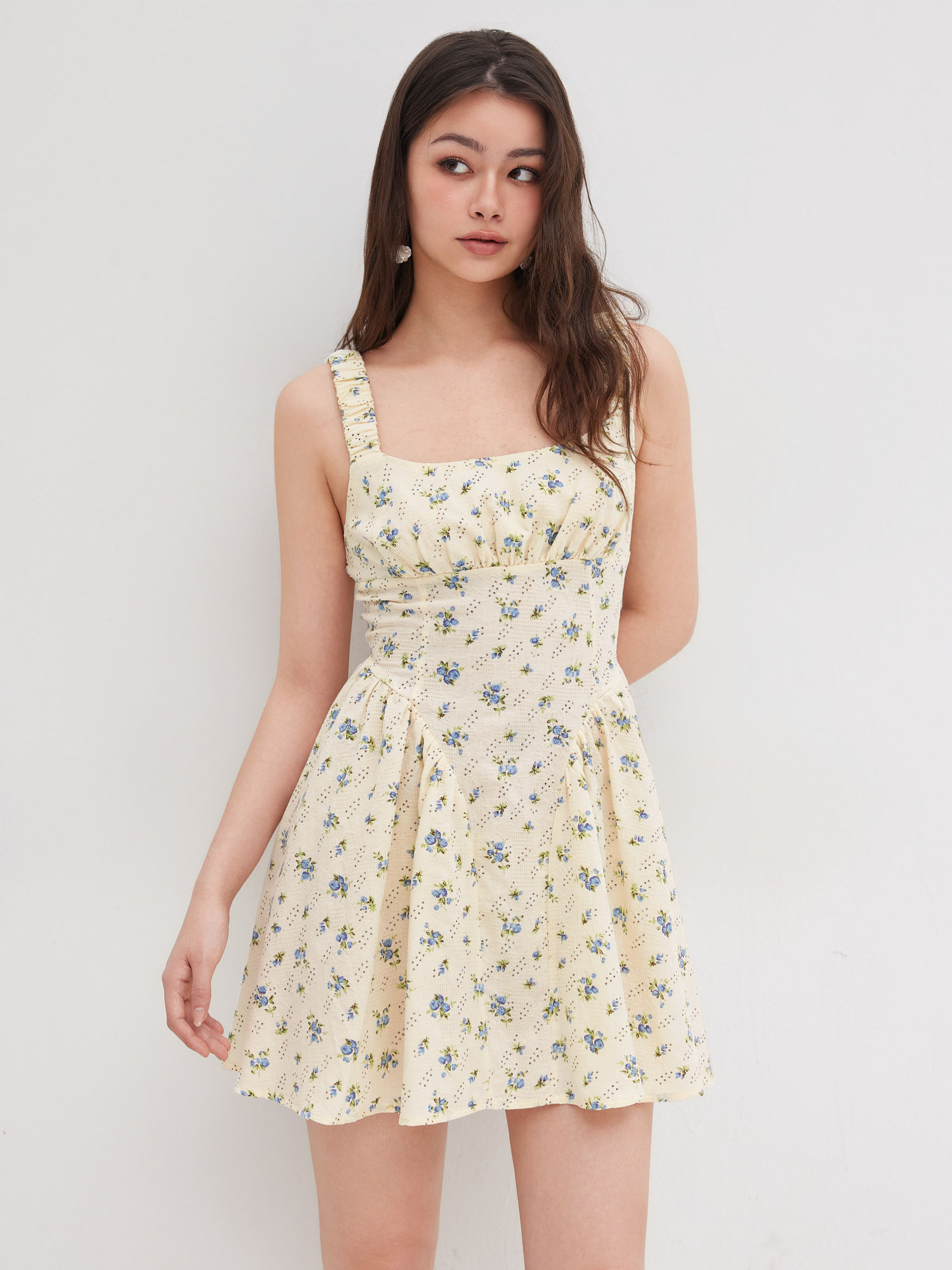 100% Cotton Ditsy Floral Ruched Mini Cami Dress