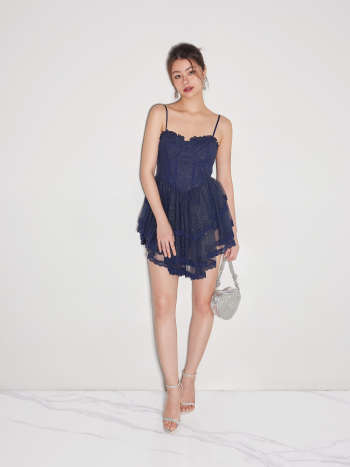 Chiffon Glitter Corset Lace Ruffle Layered Mini Dress