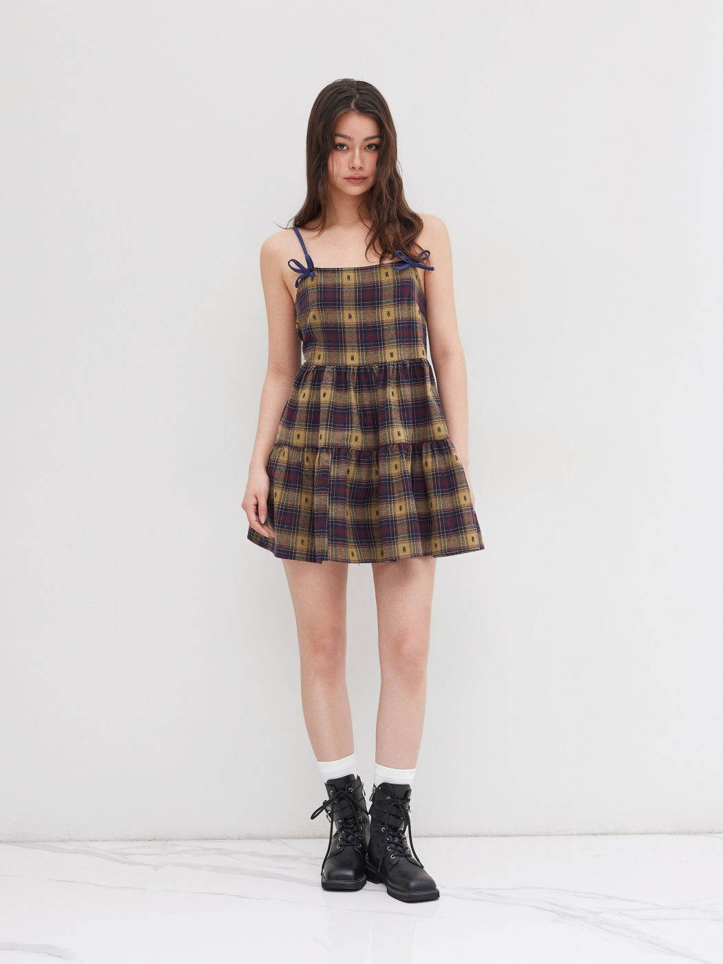 Woven Square Neck Tartan Bowknot Mini Dress