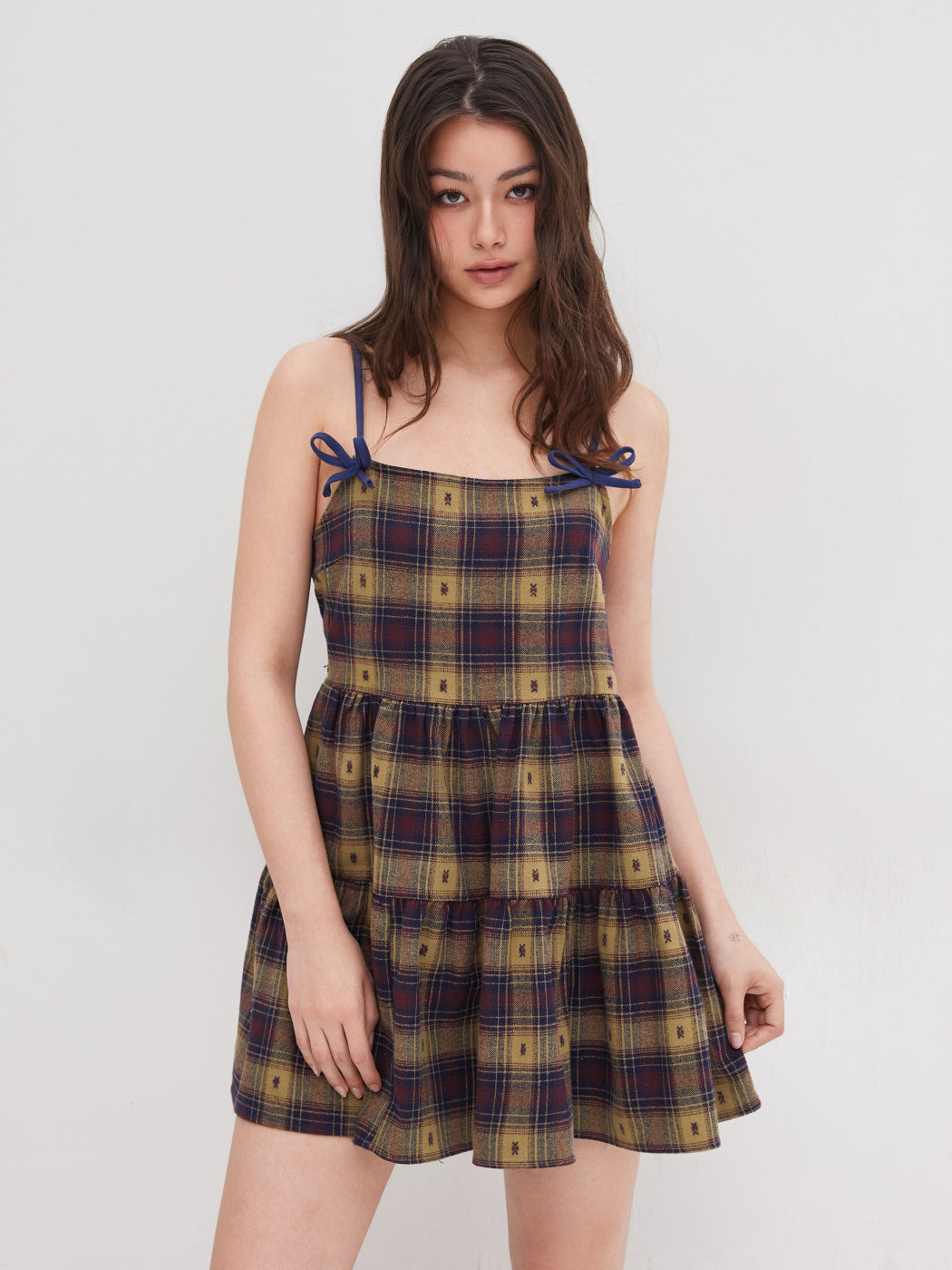 Woven Square Neck Tartan Bowknot Mini Dress