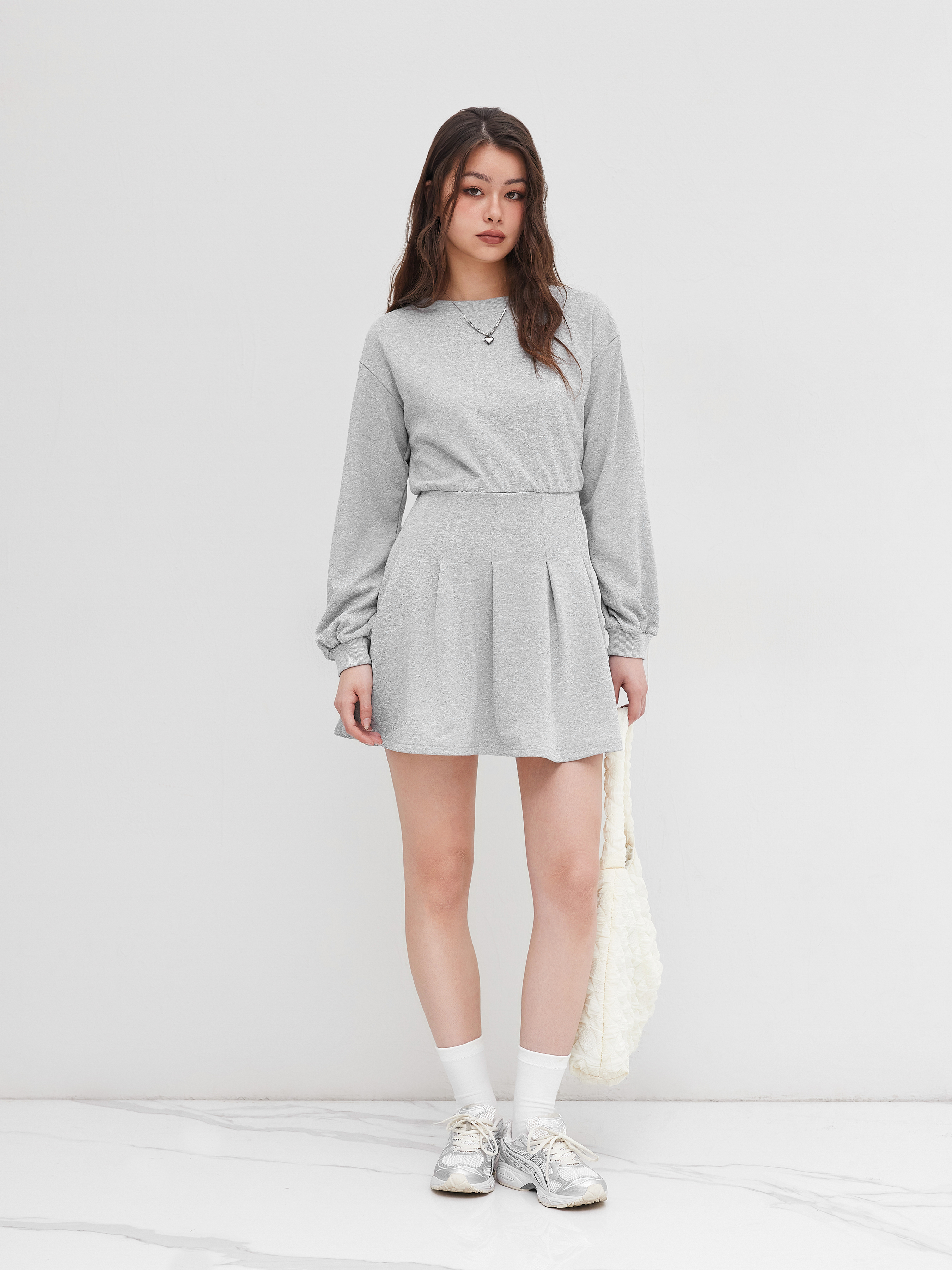 Knit Fabric Round Neckline Pleated Long Sleeve Mini Dress