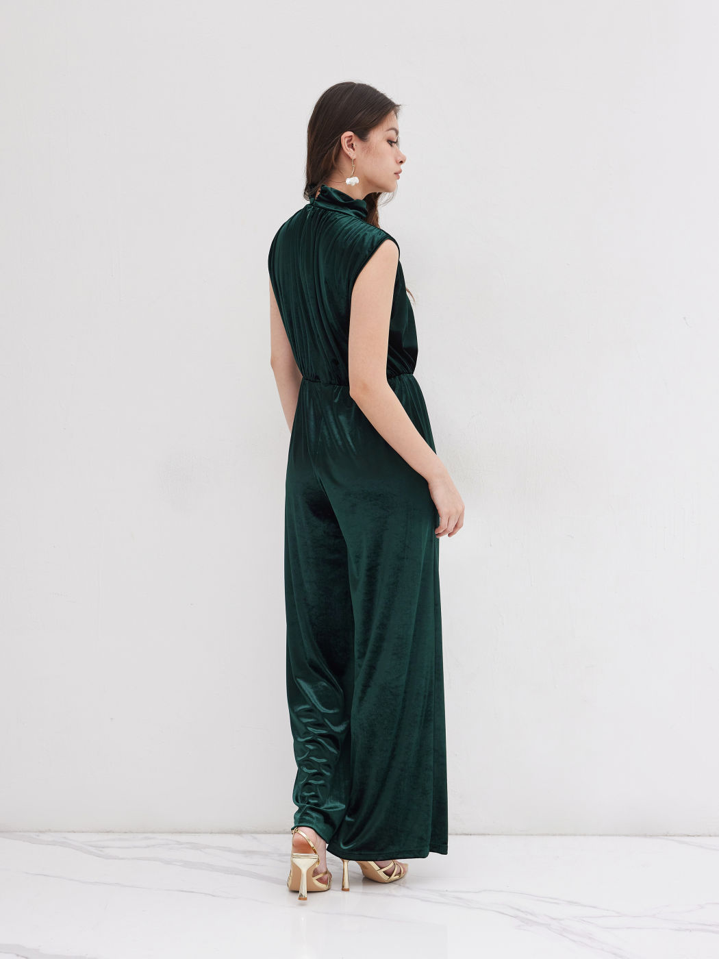 Velvet High Neck Ruched Zipper Wide Leg Jumpsuit