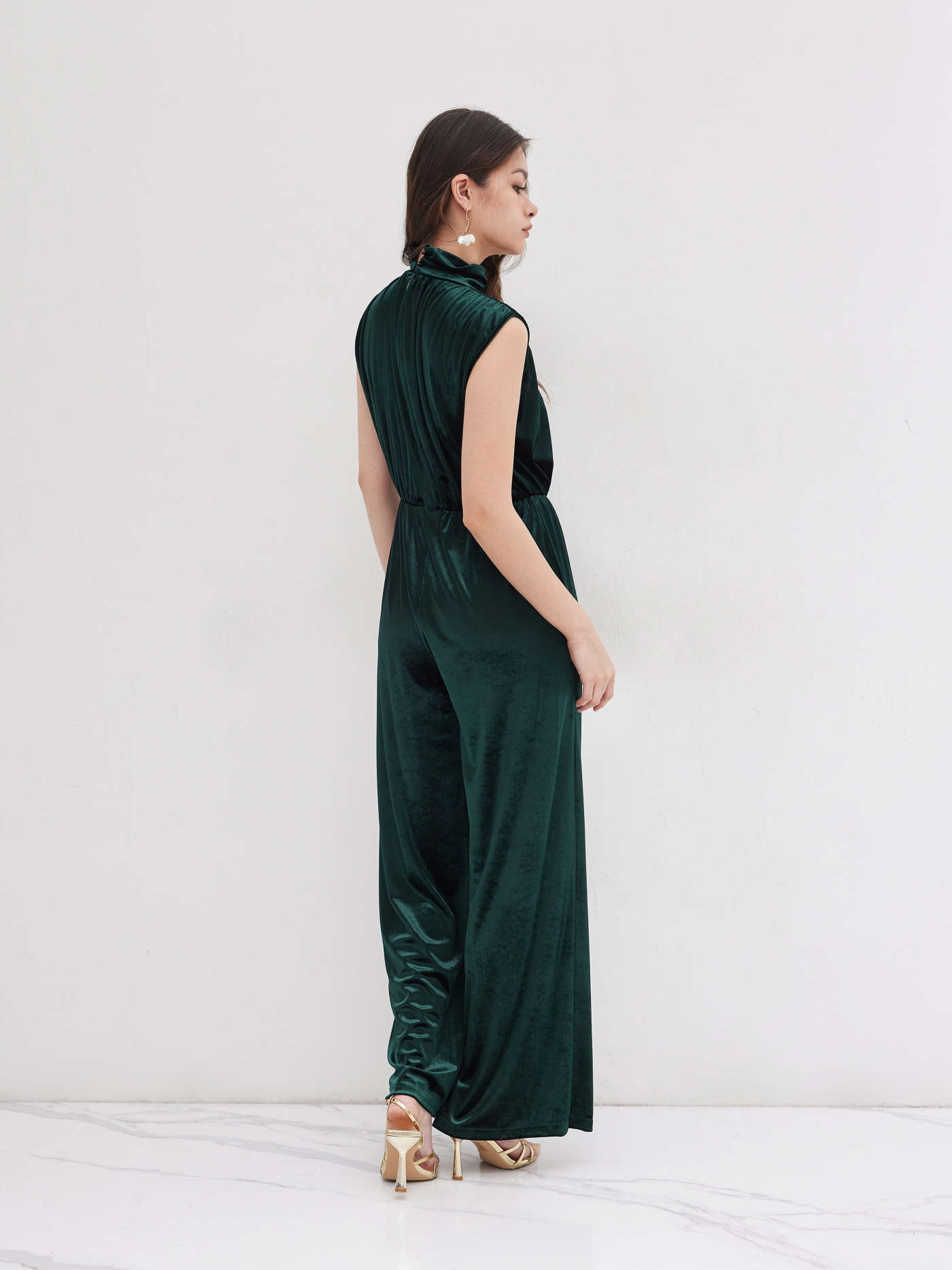 Velvet High Neck Solid Ruched Zipper Wide Leg Jumpsuit