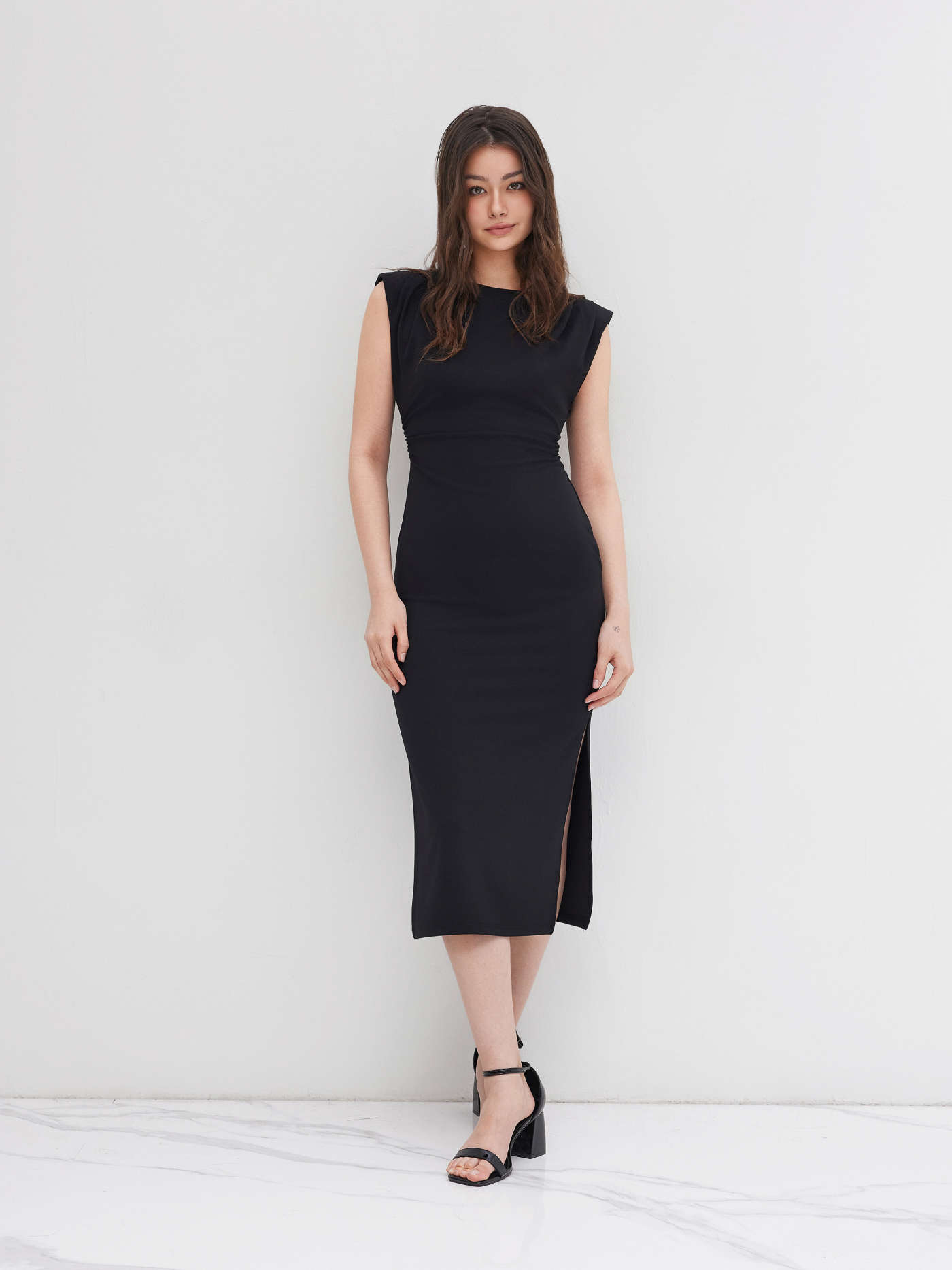 Boat Neck Solid Ruched Maxi Dress