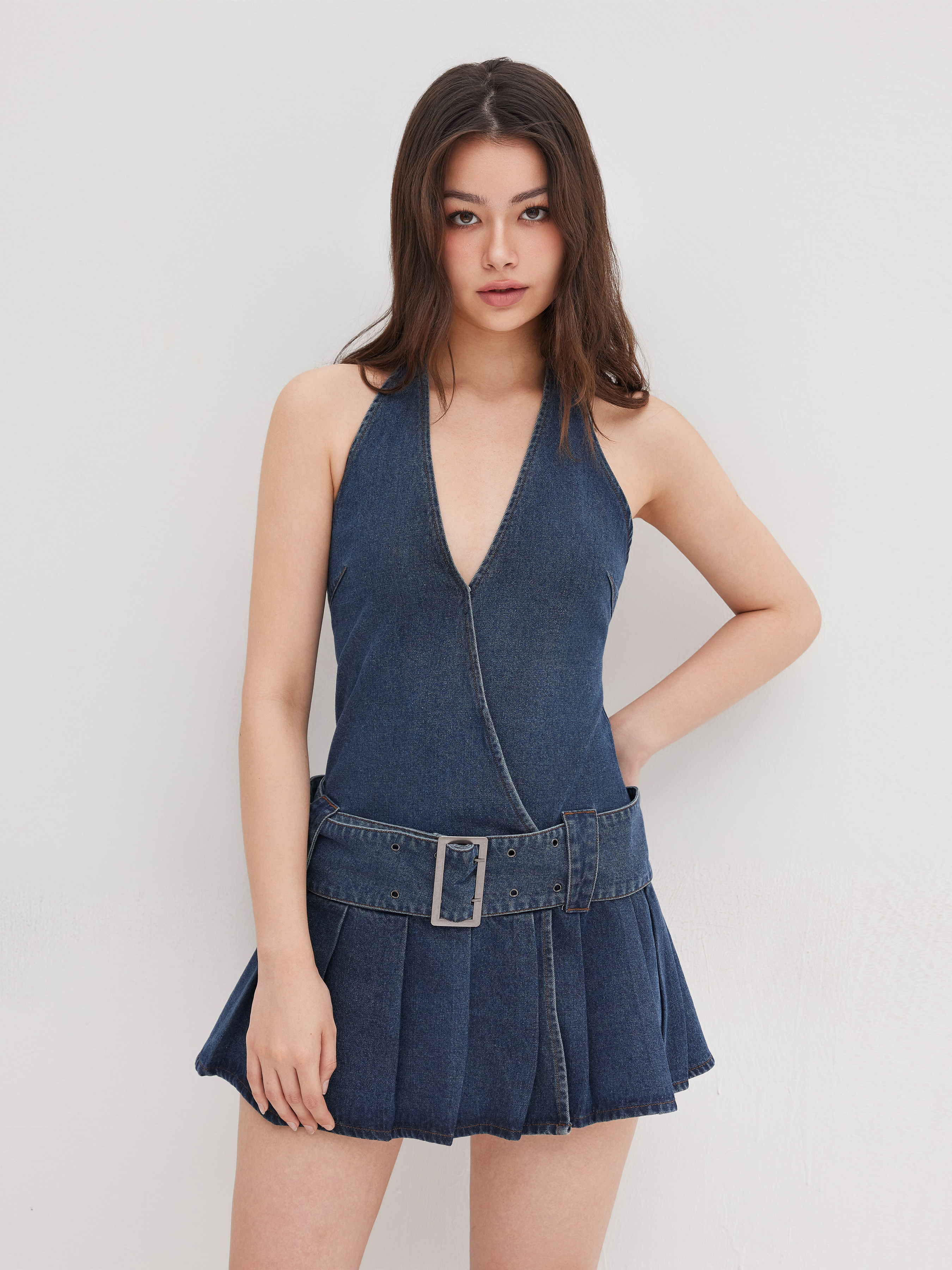 ワンピース TheOpen Product BELTED PLEATED MINI DRESS 4BNY138 Denim Denim Pleated Mini Dress With Belt For Daily Casual