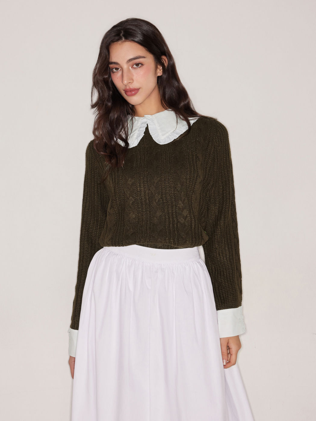 Babydoll Collar Cable Knit Faux Two-Piece Long Sleeve Sweater