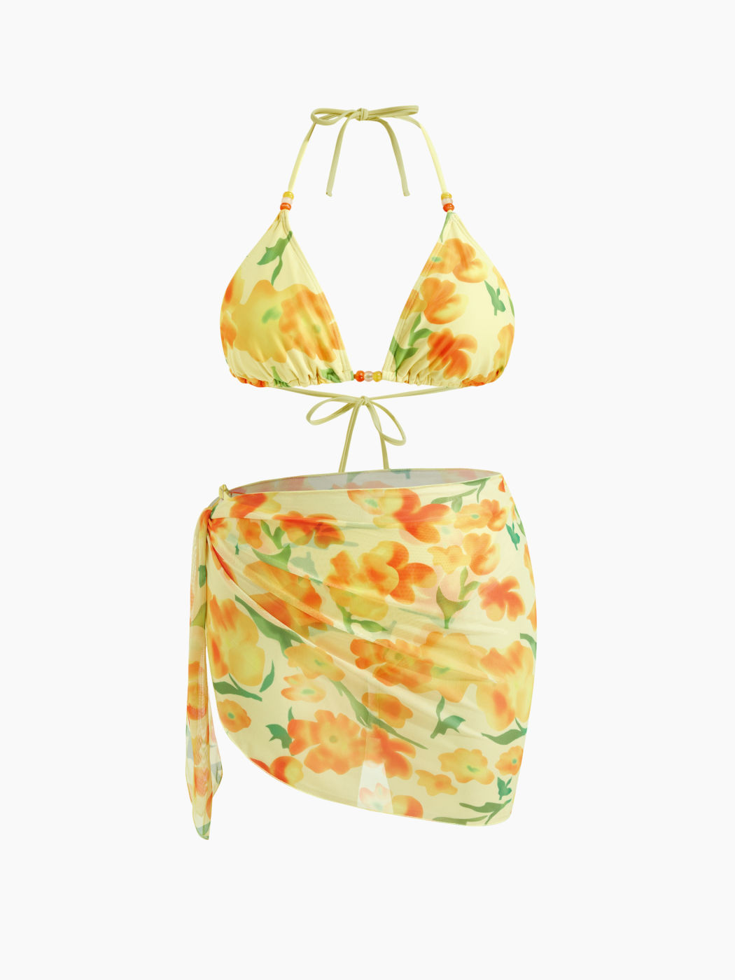 V-neck Floral Beaded Halter Cheeky Bikini Set With Sarong Curve & Plus