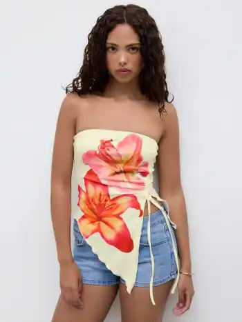Top Bandeau à Dessin Floral, à Cordon de Serrage et Bordure Asymétrique