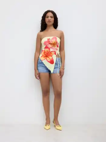 Floral Graphic Drawstring Asymmetrical Hem Bandeau Top