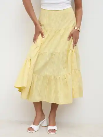 Cotton-blend Mid Rise Stripe Tiered Maxi Skirt