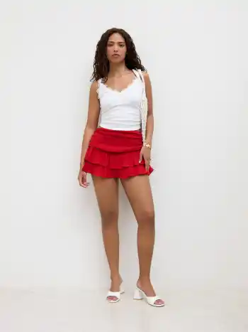 Cotton Mid Rise Ruched Layered Mini Skirt
