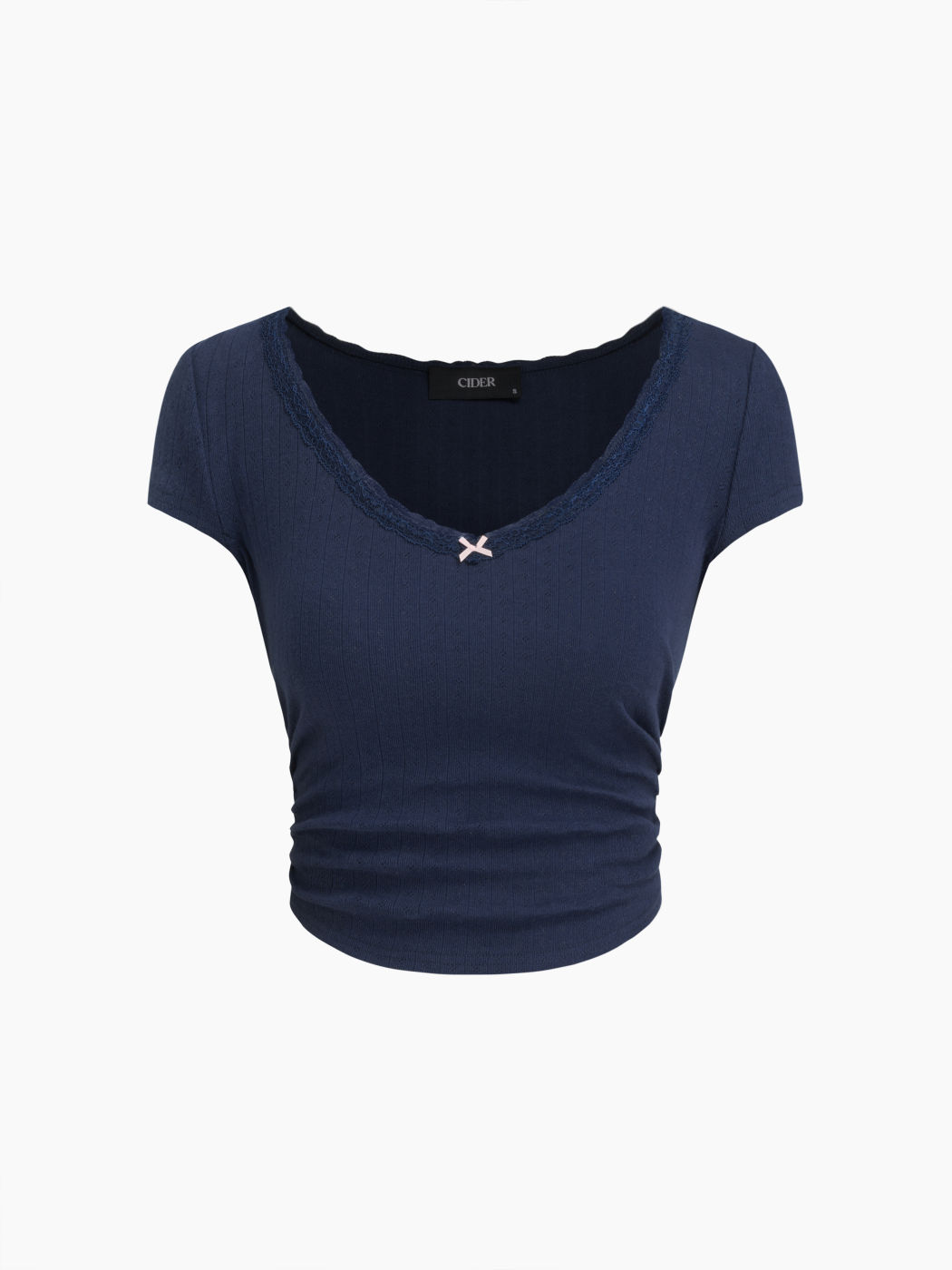 100% Cotton V-neck Lace Trim Bowknot Ruched Tee