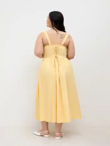 Robe longue en mélange de coton, col carré, lacets et volants Curve & Plus