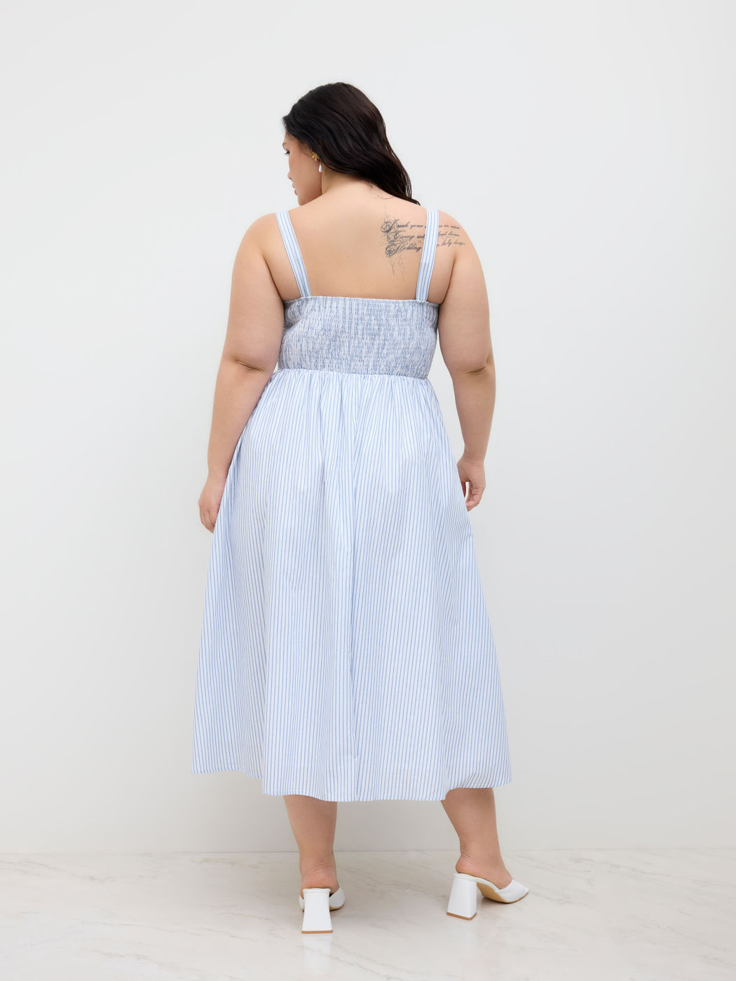 Cotton Square Neck Stripe Shirred Ruffle Midi Dress Curve & Plus