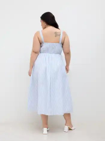 Cotton Square Neck Stripe Shirred Ruffle Midi Dress Curve & Plus