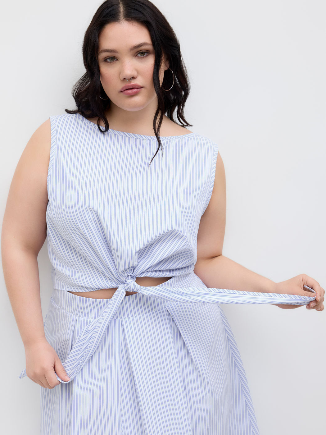 Boat Neck Striped Knotted Tank Top Curve & Plus