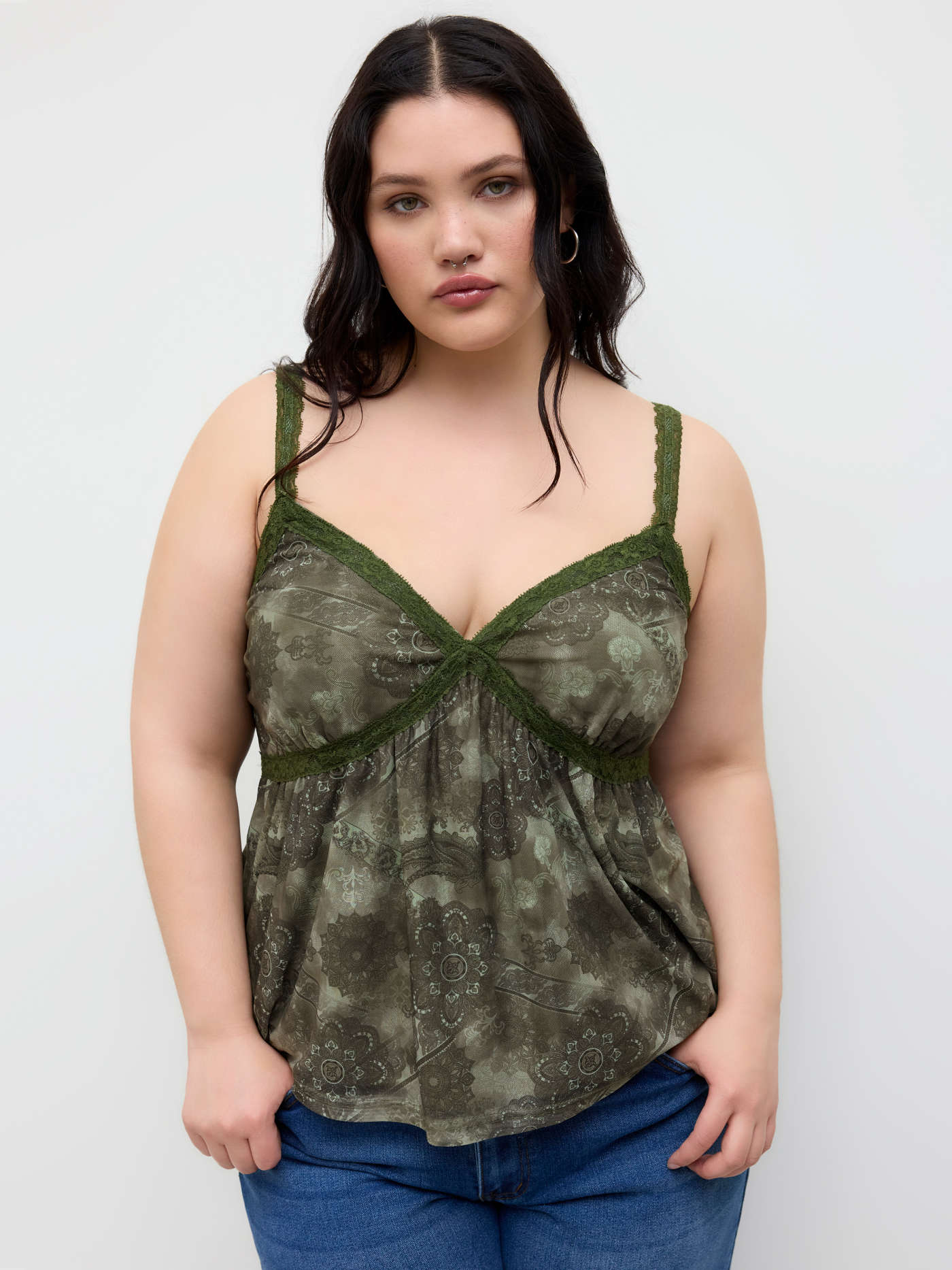 Mesh V-neck  Aztec Lace Cami Top Curve & Plus