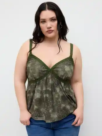 Mesh V-neck  Aztec Lace Cami Top Curve & Plus