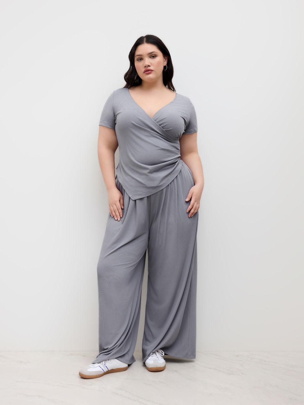 V-neck Ruched Top & Drawstring Wide Leg Trousers Set Curve & Plus