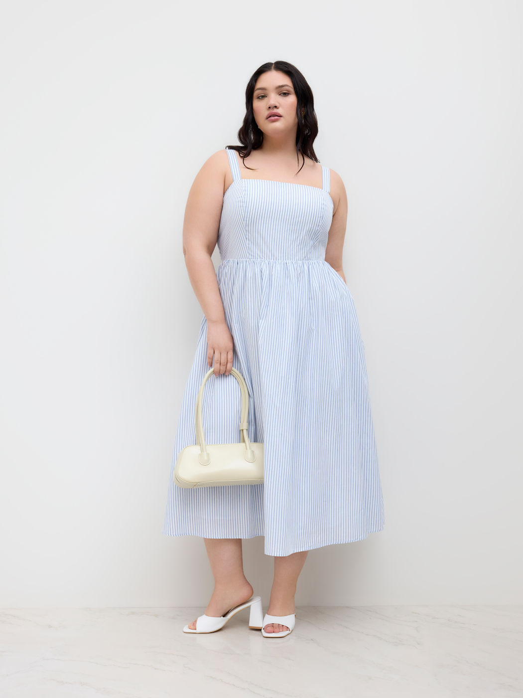 Cotton Square Neck Stripe Shirred Ruffle Midi Dress Curve & Plus