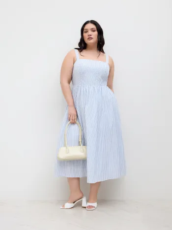 Cotton Square Neck Stripe Shirred Ruffle Midi Dress Curve & Plus
