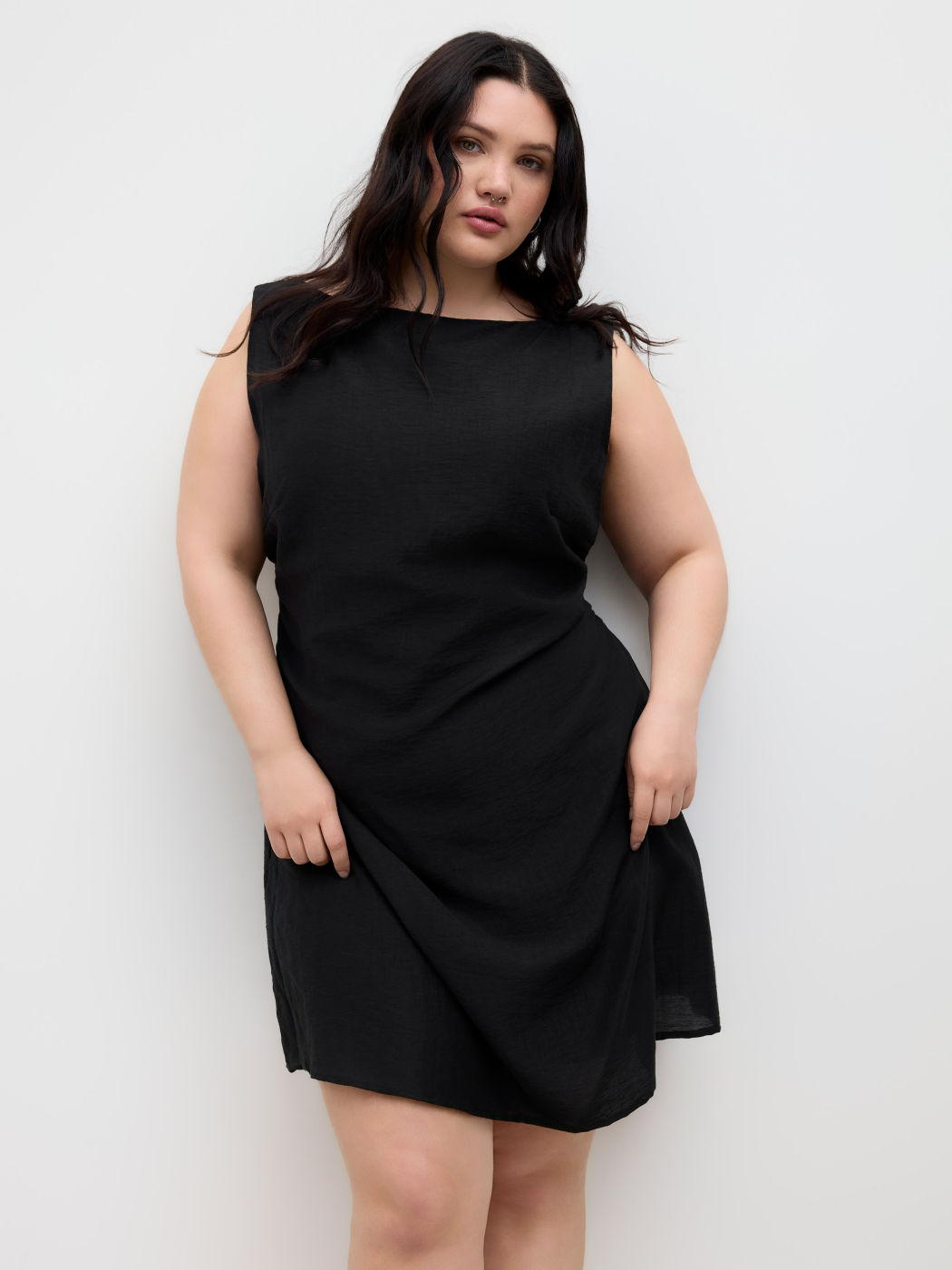 Linen-blend Boat Neck Ruched Knotted Backless Mini Dress Curve & Plus